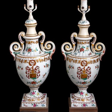 Chinese Export Style Armorial Porcelain Lamps, Pr