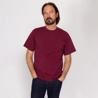 Large 90s Plain Wine Red Crew Neck Tee | Vintage Pro Club Short Sleeve Cotton T Shirt 