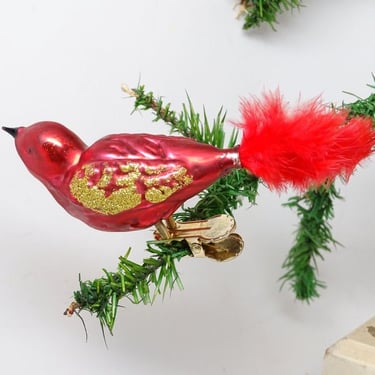 Vintage  Glass Bird Clip On Christmas Ornament with Tail Feathers, Holiday Decor 