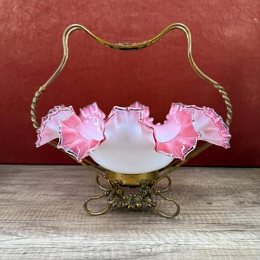 Van Bergh Co Victorian Pink Glass Basket Ornate Brass Display Stand White Ruffled Bridal Wedding Centerpiece 