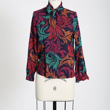 Vintage 80s rayon rainbow leaf ascot bow blouse 