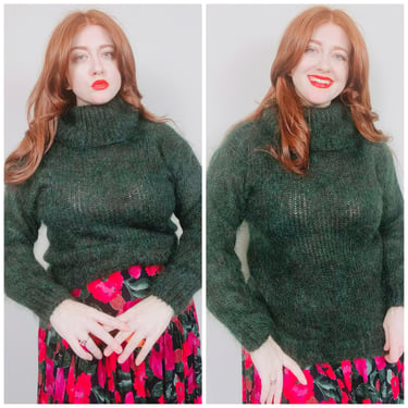 1980s Vintage Cassidy Mohair Acrylic Turtleneck / 80s Green Funnel Neck Fuzzy Grunge Sweater / Size Medium - Large 