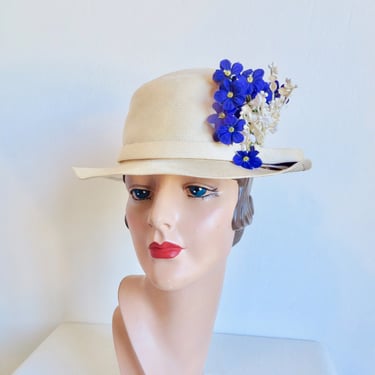 Vintage 1970's Ivory Straw Bowler Style Hat with Purple and White Flowers Trim Derby Ascot Spring Summer 70's Millinery Mr. John HatsHats 