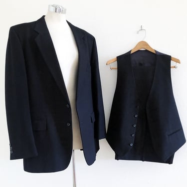 NEW Black GIVENCHY Mens 3pc SUIT, Vintage Designer Mens Vest, Blazer Jacket & Matching Pants Sport Coat 1970's, 1980's Blue 3 Piece Suit, 42 