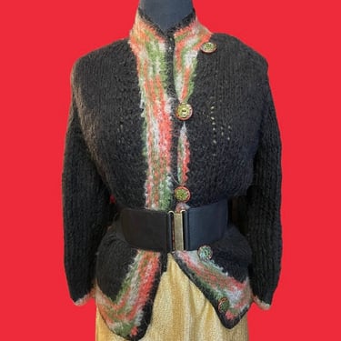 1960s Black Mohair Cardigan Painted Buttons Made in Italy 