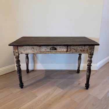 Antique Rustic French Painted Work Table, Weathered Distressed Chippy Paint Patina 