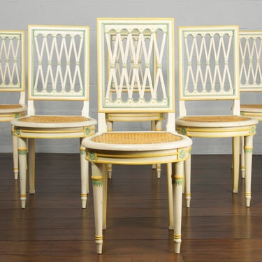 Antique French Neoclassical Directoire Style Painted Caned Dining Chairs - Set of 6 