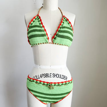 Vintage 1970s Green & Orange Crochet Bikini / XS-S 