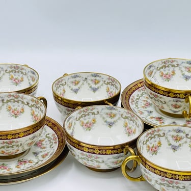 Rare Antique J.P.L. France J Pouyat Limoges France (6) Cream Soup Broth Bowl Tea Cup Sets 
