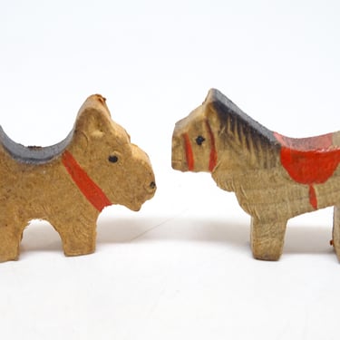 2 Antique 1940's Small German Animals, Hand Painted Wooden Dog and Horse, Vintage Hand Carved Toys for Christmas Putz or Nativity 