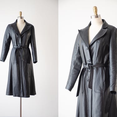 black leather jacket | 70s vintage dark academia goth grunge belted leather princess robe trench coat 