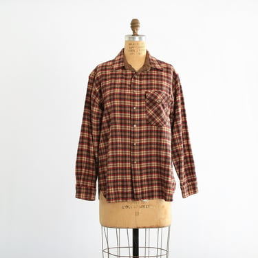 Vintage 70s LOBO by Pendleton brown plaid wool flannel leather patch elbow shirt 