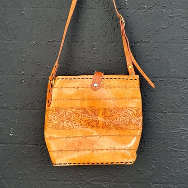 Tooled Leather Bucket Bag with Braiding and Snap Closure 