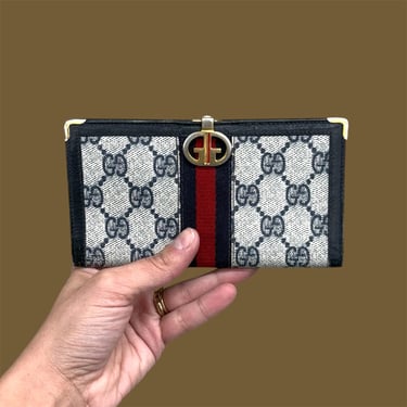 Vintage Gucci Check Book Wallet Retro 1970s Signature Monogram + Navy + Leather + Canvas Stripe + Designer + Made in Italy + GG 