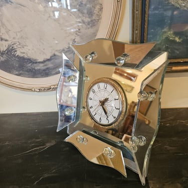 Vintage Mid Century Hollywood Regency Mirrored Mantle Table Clock by Lanshire 