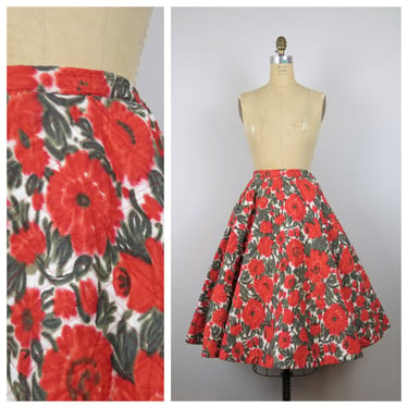 Vintage 1950s floral quilted circle skirt, red, fit and flare, small 