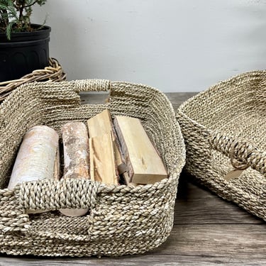 Set of 2 Woven Baskets with Cut Out Handles | Rattan Rectangular Baskets Basket Drawer | Kitchen Island Pantry Bathroom Linen Closet Storage 