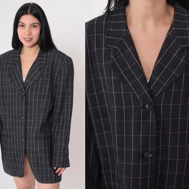 90s Checkered Wool Blazer Jacket Charcoal Grey Button up Jacket Preppy Academia Clueless Retro Vintage 1990s Extra Large xl 16 