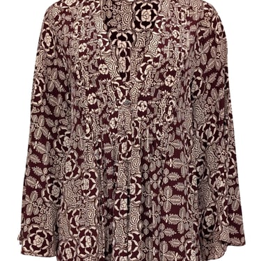 Elizabeth James - Maroon & Cream Paisley Print Pleated Middle Top Sz L