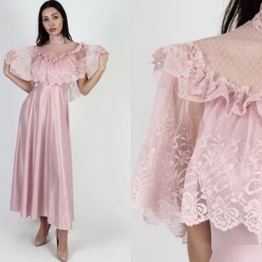 Long Light Pink Grecian Goddess Dress / Vintage 70s Embroidered Lace Dress / Sheer Floral Rose Medieval Maxi Dress 