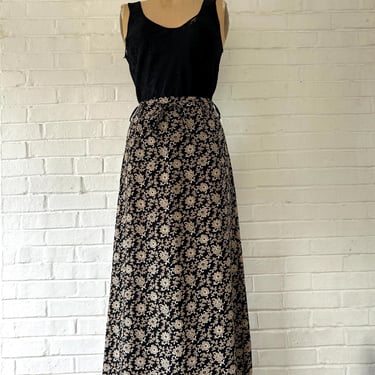 Size 6/8 - 1990's / y2k Taupe & Black Floral Midi Skirt 