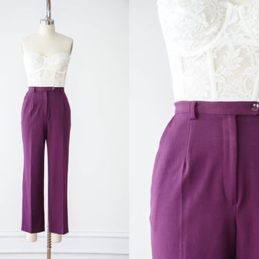 high waisted pants | 80s 90s vintage dark plum purple academia style pleated trousers 