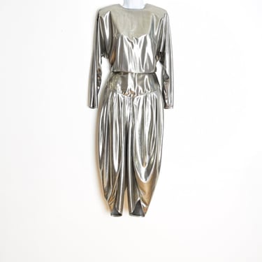 vintage 80s jumpsuit metallic silver harem space age futuristic romper outfit M clothing 