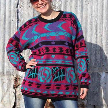 Vintage Michael Carrie Pullover Sweater, Large Women, Oversize, Slouchy, Crew Neck, Multicolor Acrylic Knit 
