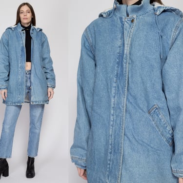 Large 90s Denim Sherpa Hooded Chore Jacket | Vintage Oversized Grunge Streetwear Shearling Lined Jean Coat 