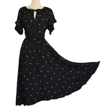 Vintage 80s Nipon Boutique Leaf Print Rayon Day Dress, Vintage Bohemian Black and White Dress, Peasant Style, Size M to L, Medium Large 