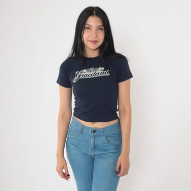 Vintage Graceland T-shirt 80s Memphis Crop Top Navy Blue Graphic Tee Retro TShirt Tennessee Tee 1980s Travel Destination Youth Small/2xs 