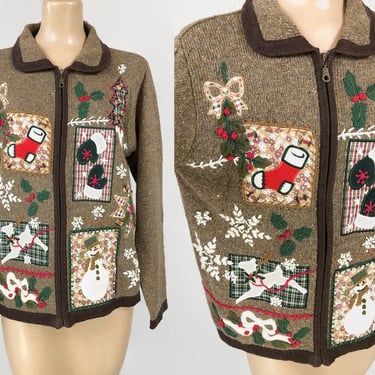 VINTAGE 90s Holiday Christmas Zip Front Cardigan Sweater | 1990s Ugly Xmas Party Sweater Brown | VFG 
