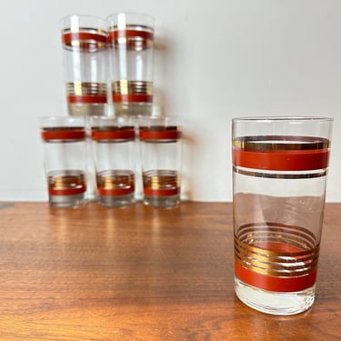 Mid Century Modern Cocktail Glasses / Burgundy & Gold Striped / Set of 6 / highball barware water tea collins 