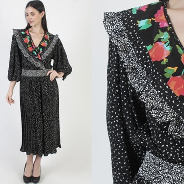Susan Freis Dress, Designer I Magnin, Black Floral Rose Print, Georgette Style Midi 