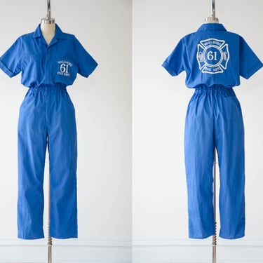 vintage coveralls | 70s 80s Wallburg Fire Department blue short sleeve overalls vintage workwear 