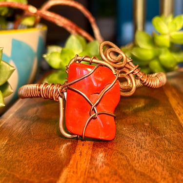 Copper Wire Wrap Bracelet Large Red Jasper Gemstone Crystal Stone Handmade Jewelry 