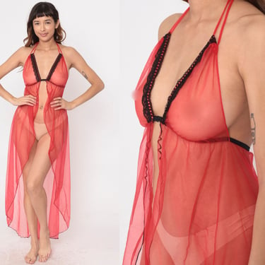 1980s Red Sexy Teddy Nightie / Sleeveless Sheer Nylon Lace