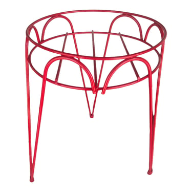 15” Vintage Mid-Century Red Metal Hairpin Plant Stand || Atomic Eames-Era Color Pop Iron Indoor/Outdoor Tripod Planter Stand 