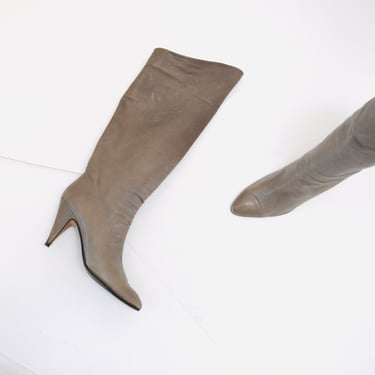 80s Vintage Gray Taupe Leather High Heel Boots 8 8 1/2 Leather High Heel Knee High Boots Pointed Toe boots Made in Italy Alberto d. Molina 