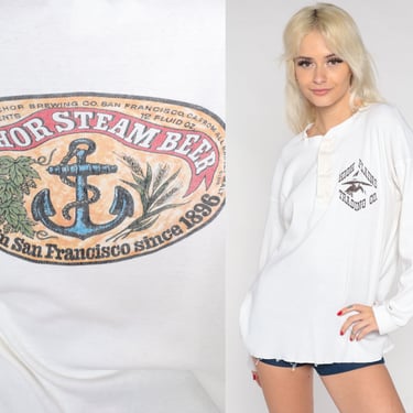 Anchor Steam Beer T-Shirt 90s Henley Shirt High Plains Trading Co Graphic Tee San Francisco Long Sleeve Button up White Vintage 1990s XL 2xl 