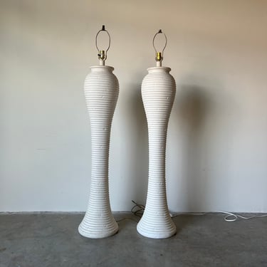 80's Vintage Sculptural Ribbed Plaster Floor Lamps - a Pair 