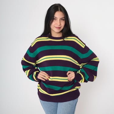 90s Striped Sweater Purple Green Yellow Pullover Long Sleeve Retro Crewneck Preppy Casual Vintage 1990s Cotton Knit Men's Large L 