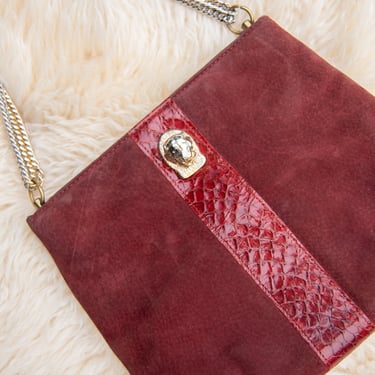 Vintage 1970s Ruth Salts Maroon Snakeskin + Suede Handbag, Gold + Silver Couger Head Chain Link Strap Purse 