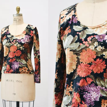 90s Vintage Floral Print Top Shirt Velvet Floral Print Crop Top Long Sleeve Shirt Size Small Medium Fall Floral Print Velvet Top 