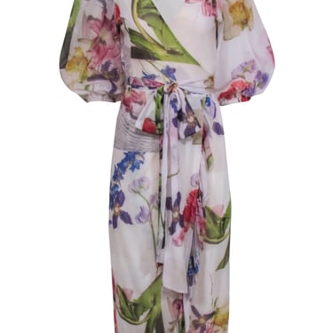 Ganni - Ivory &amp; Multi Color Floral Wrap Dress Sz 8