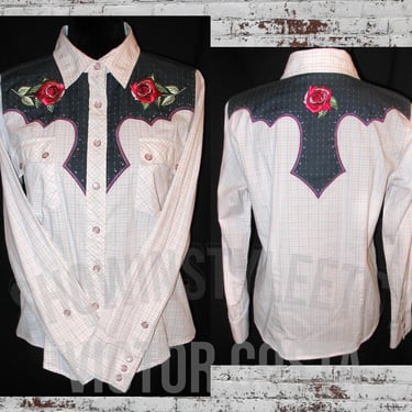 Victor Costa Vintage Retro Western Women's Cowgirl Shirt, Pink Plaid, Embroidered Pink Roses & Rhinestones, Tag Size Large (see meas. photo) 