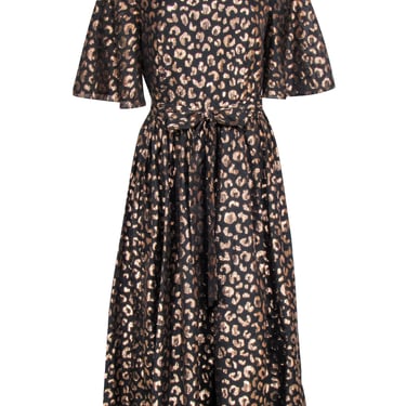 Kate Spade - Black &amp; Rose Gold Leopard Print Midi Dress Sz 8