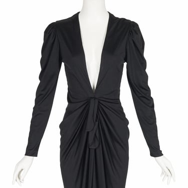 Bill Tice 1980s Vintage Plunge Neck Black Jersey Evening Dress 
