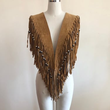 Tan Suede Fringed and Beaded Vest - 1980s 