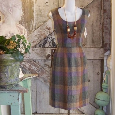 Fall sale 1950s dress wool dress 50s dress wiggle dress size small Vintage dress plaid dress sleeveless dress brown dress 